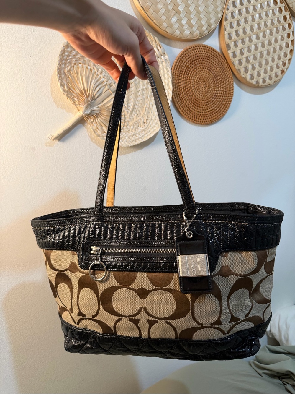 Coach Brown Signature Canvas Tote with Black Leather Trim